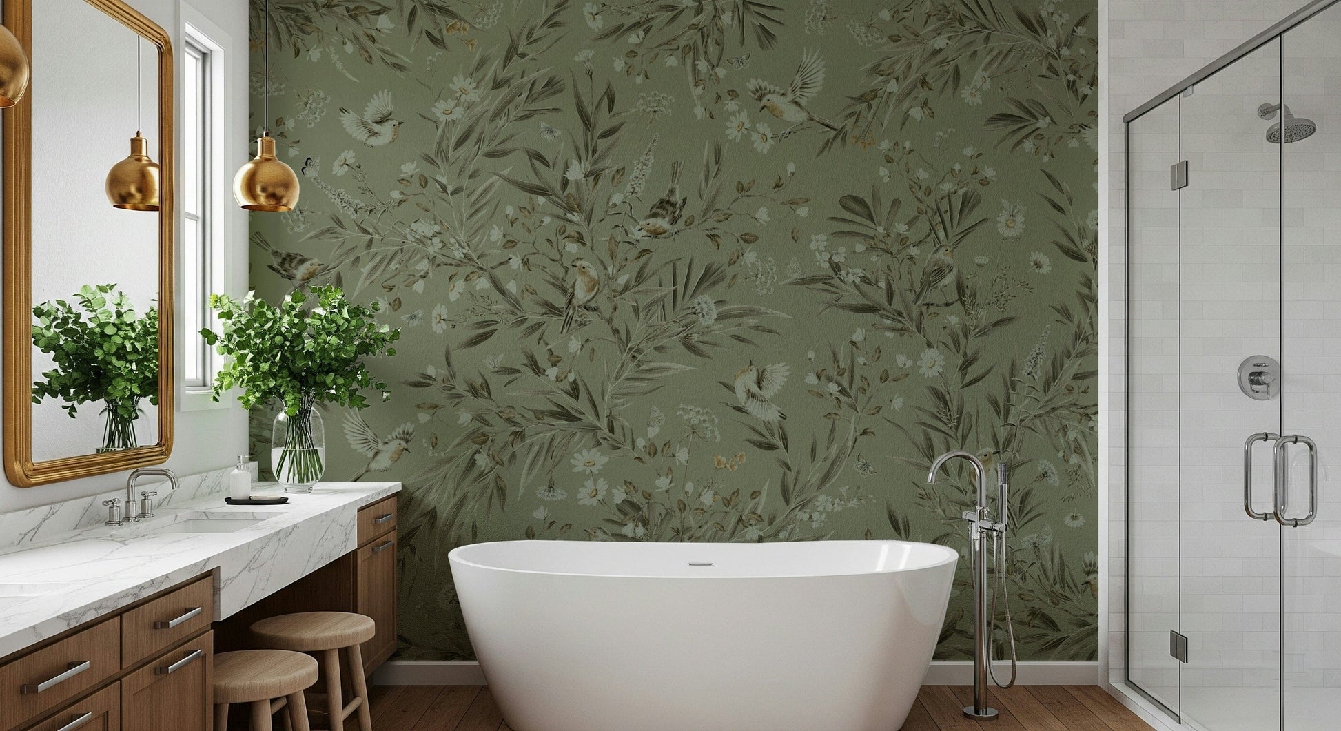 Romantic wall mural depicting birds and plants in a harmonious natural scene