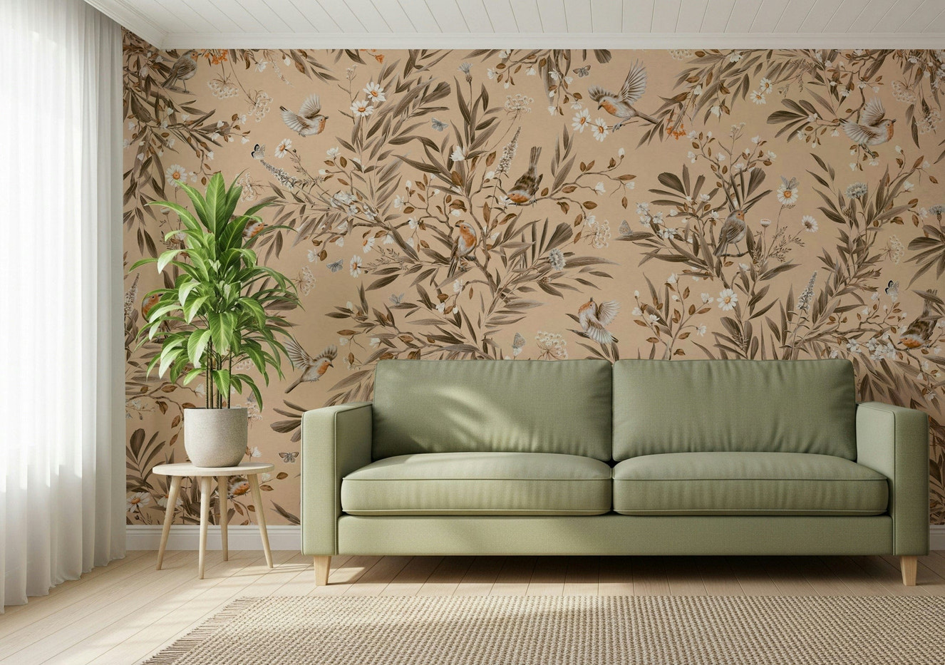 Nature-inspired wall art of birds and foliage in harmonious garden scene.