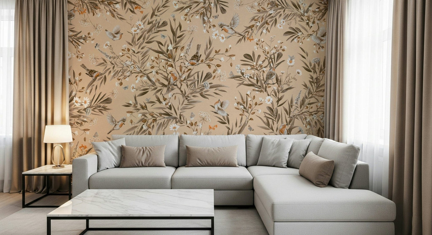 Elegant mural showing birds surrounded by detailed botanical greenery