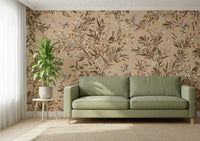Nature-inspired wall art of birds and foliage in harmonious garden scene.