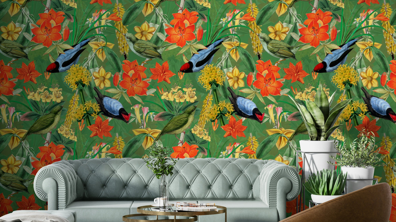 Botanical Birdsong wallpaper with delicate floral and bird designs

