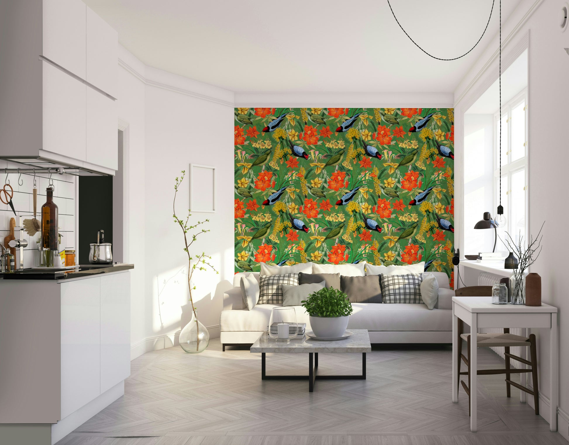 Vibrant birds in botanical wallpaper for a nature-filled look

