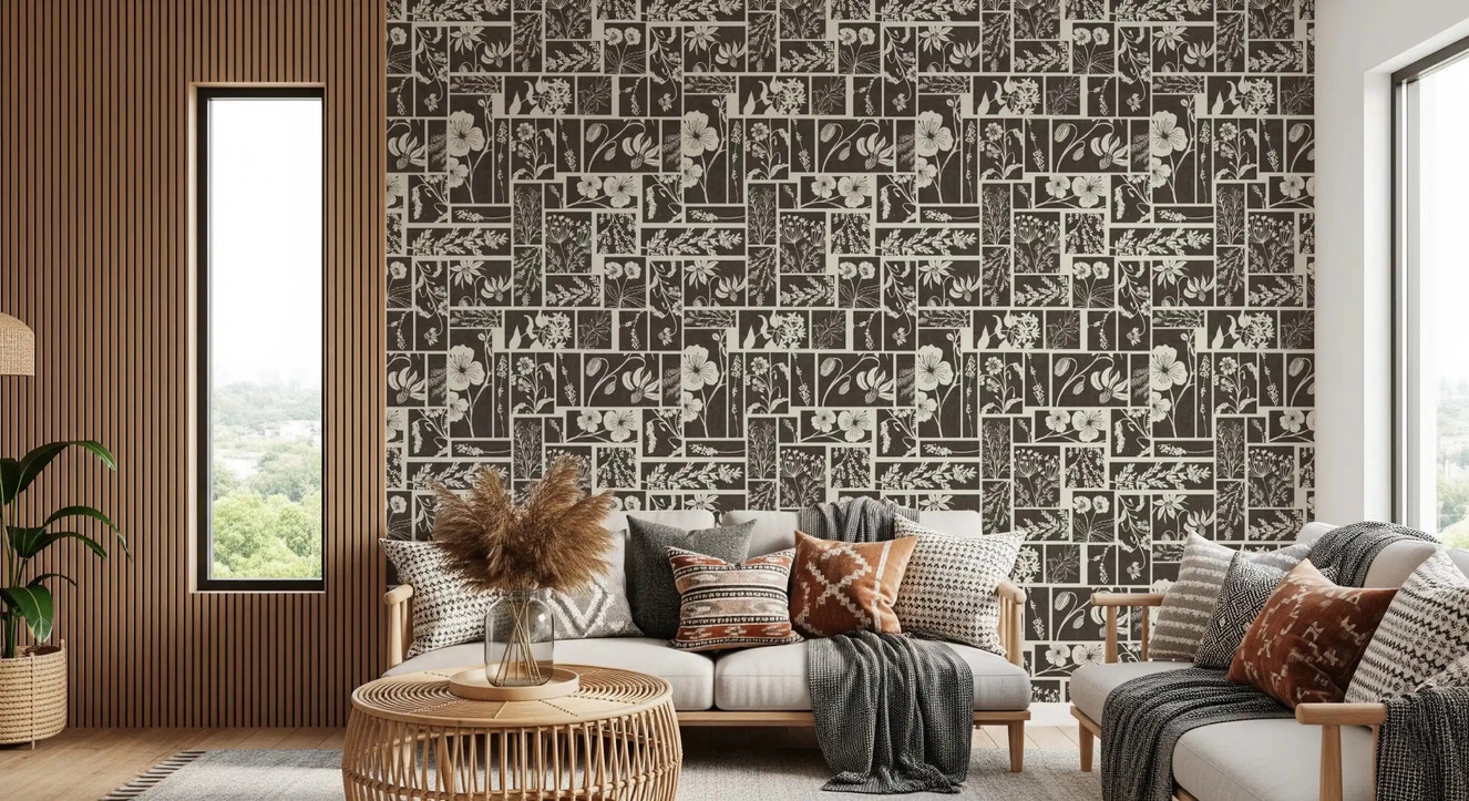 Living room floral wallpaper with botanical block print pattern