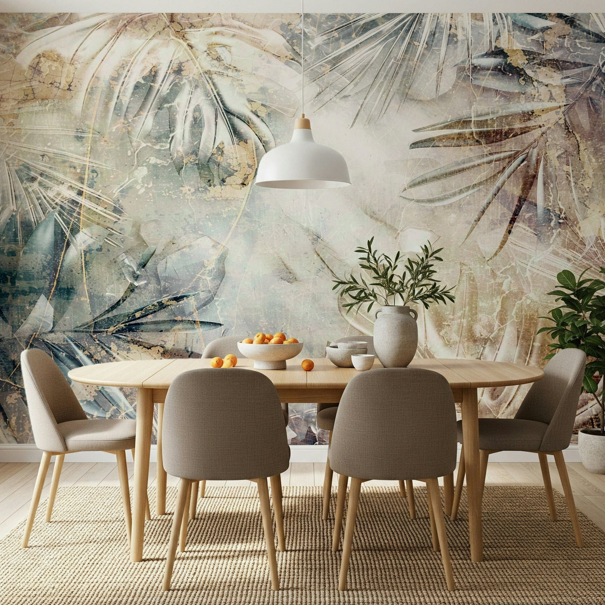 Ethereal Foliage wallpaper mural with soft blue and beige tropical leaves behind an oval wood table and taupe chairs in a dining room