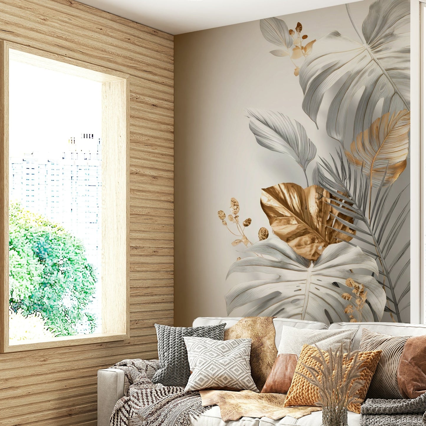 Romantic leaf and flower mural in muted hues

