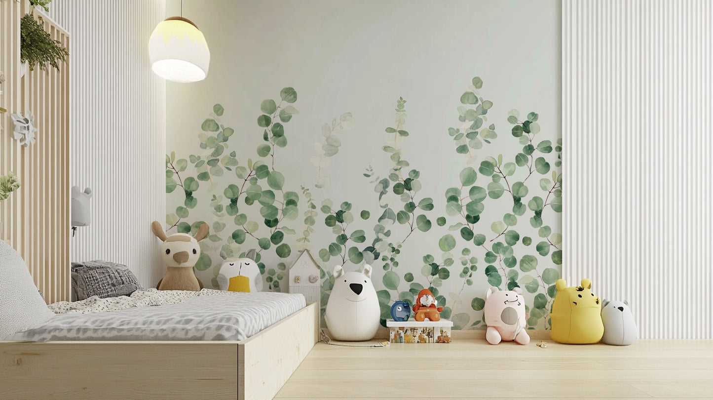 Eucalyptus branch mural for modern interiors

