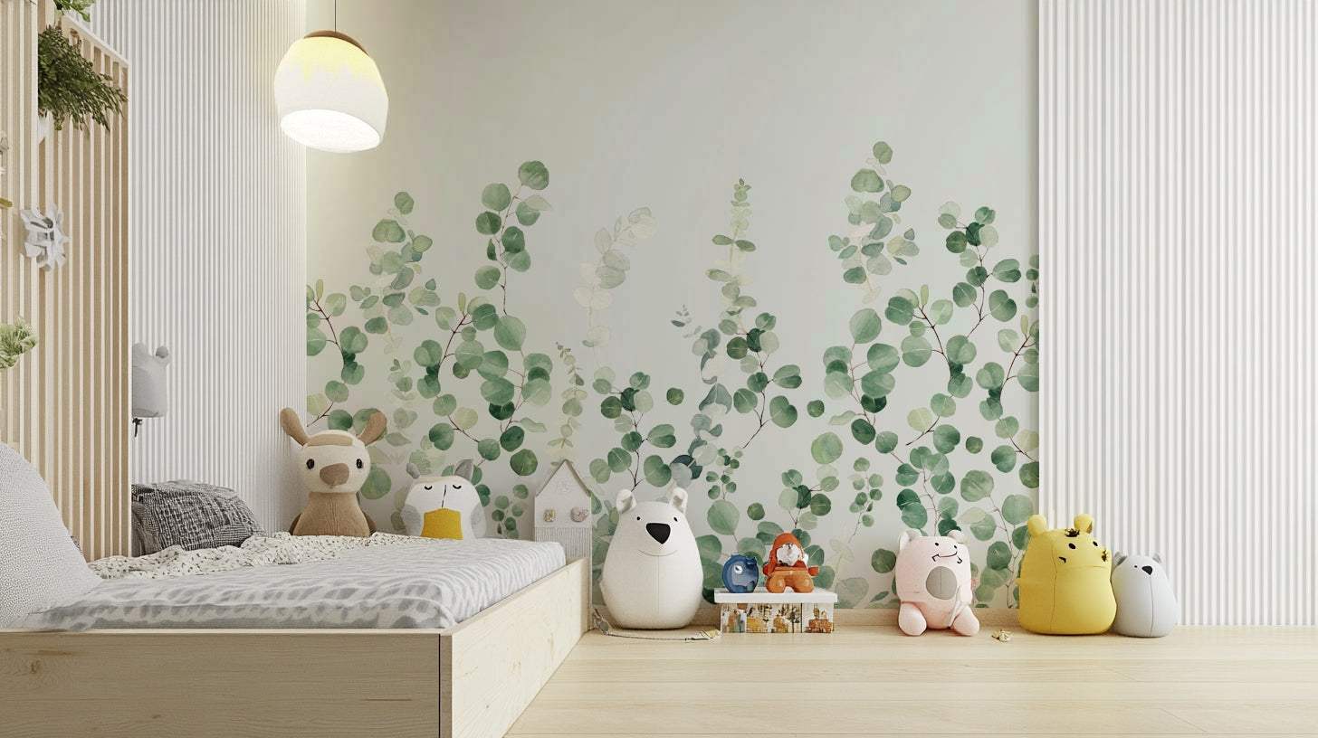 Eucalyptus branch mural for modern interiors

