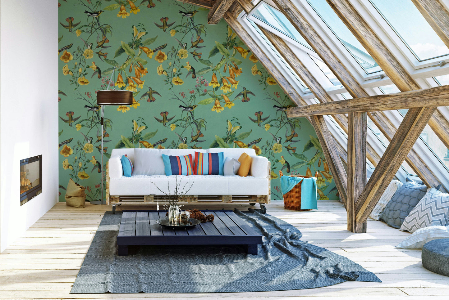 A classic floral wallpaper for walls with a bird theme.

