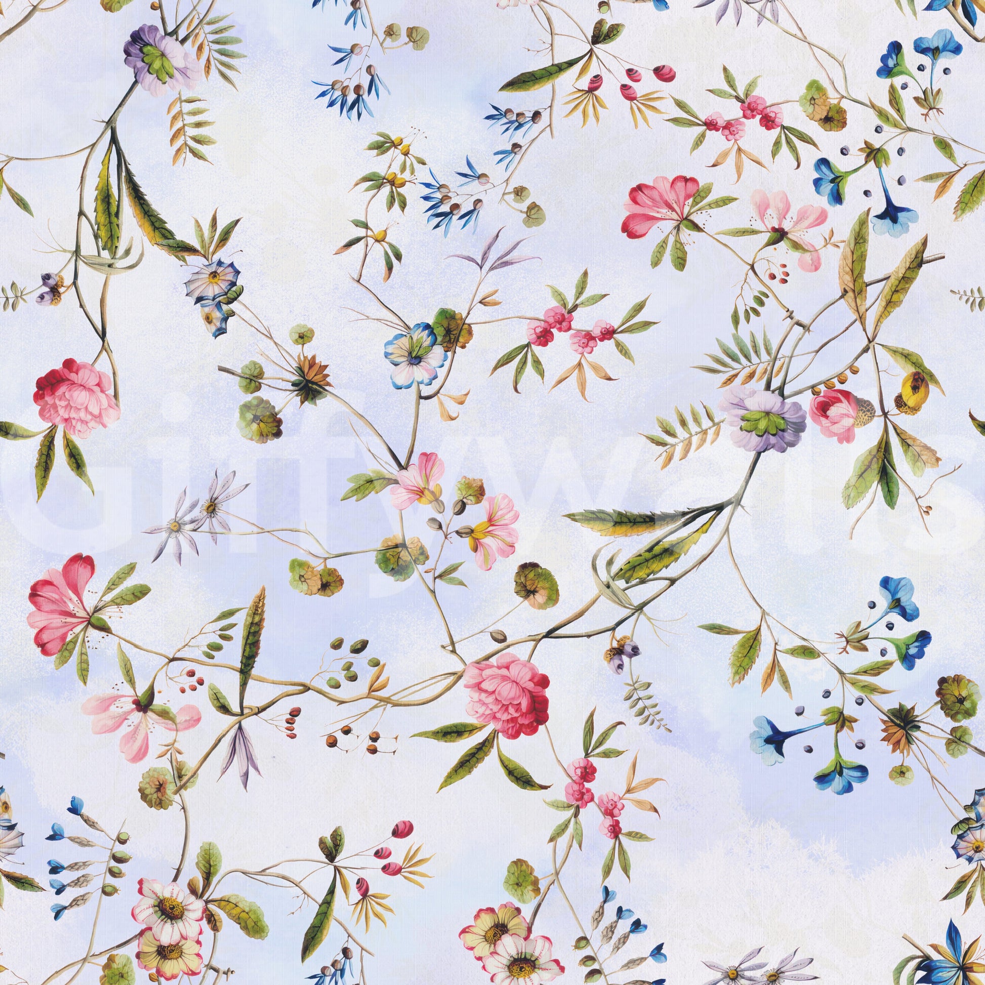 Close-up of birds perched among vivid floral arrangements.

