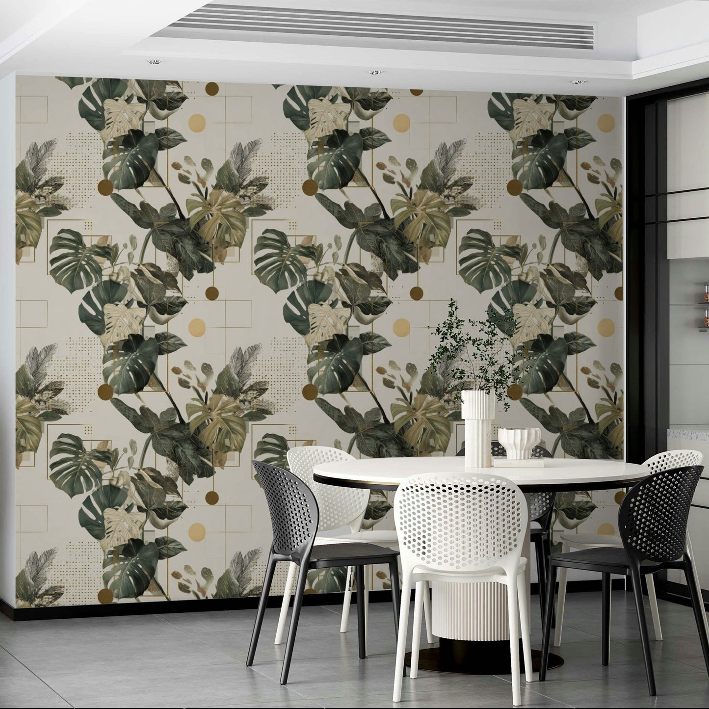 Nature-meets-geometry wallpaper in muted tones

