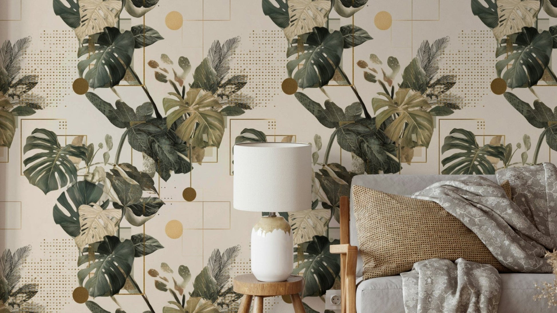 Botanical Geometry Wallpaper with leaf and line motifs

