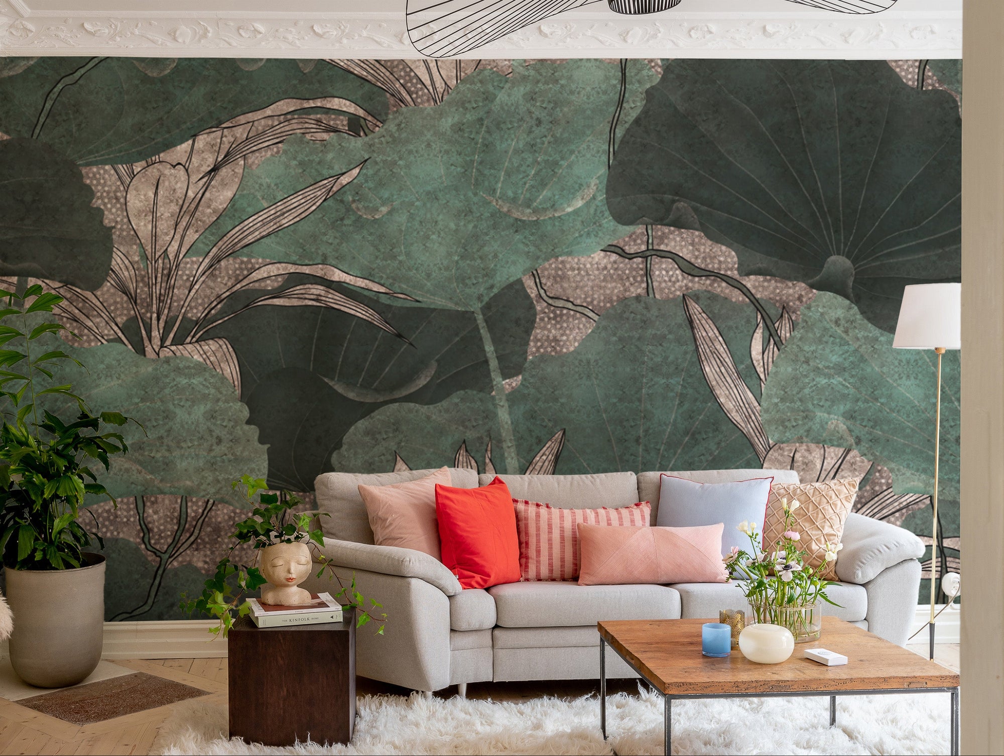 Botanical green leaf wallpaper mural design
