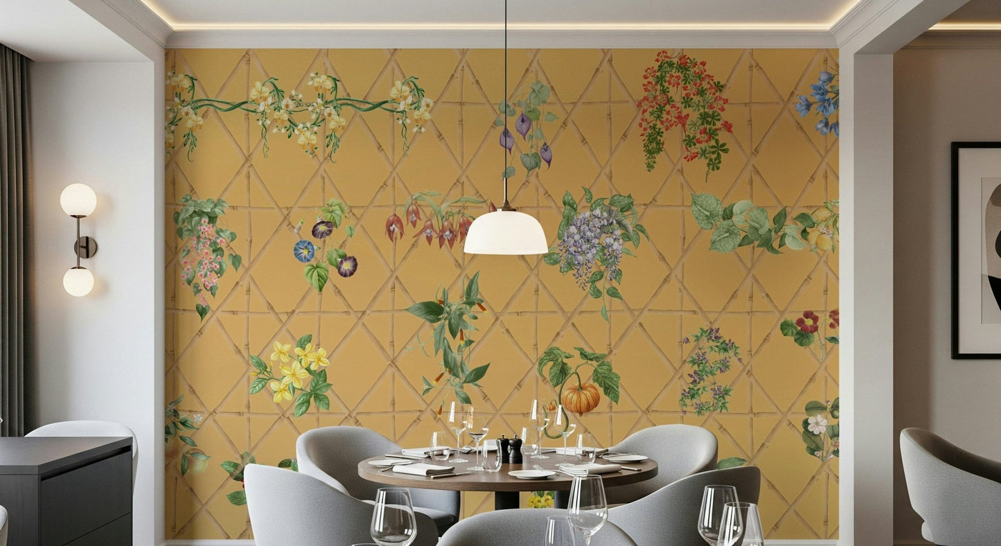 Dining area wall mural with botanical lattice design, balanced colour and neat layout