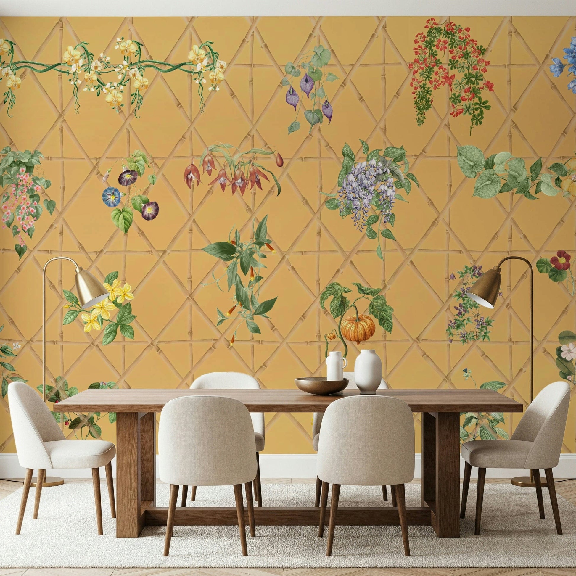 TV wall with Botanical Lattice Wall Mural, orderly pattern and soft green colour palette