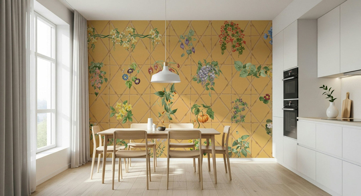 Study nook wall with botanical lattice wallpaper, structured look for modern living space