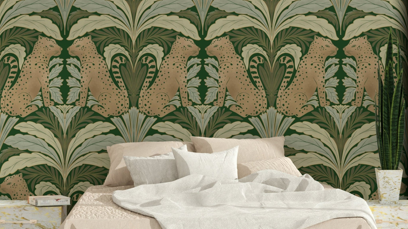 Botanical Leopard Symmetry Wallpaper with mirrored design

