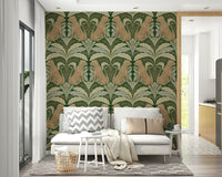 Mirrored leopard wallpaper with tropical leaves

