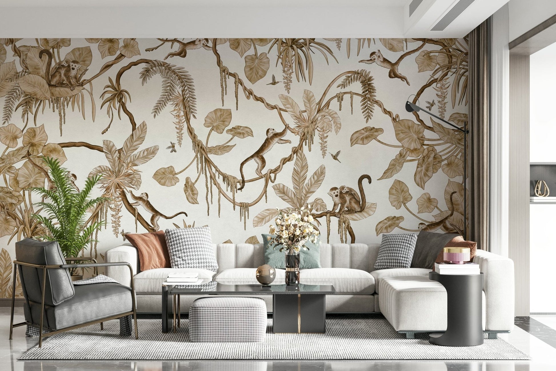 Playful monkeys swinging among lush tropical plants in a vibrant botanical mural