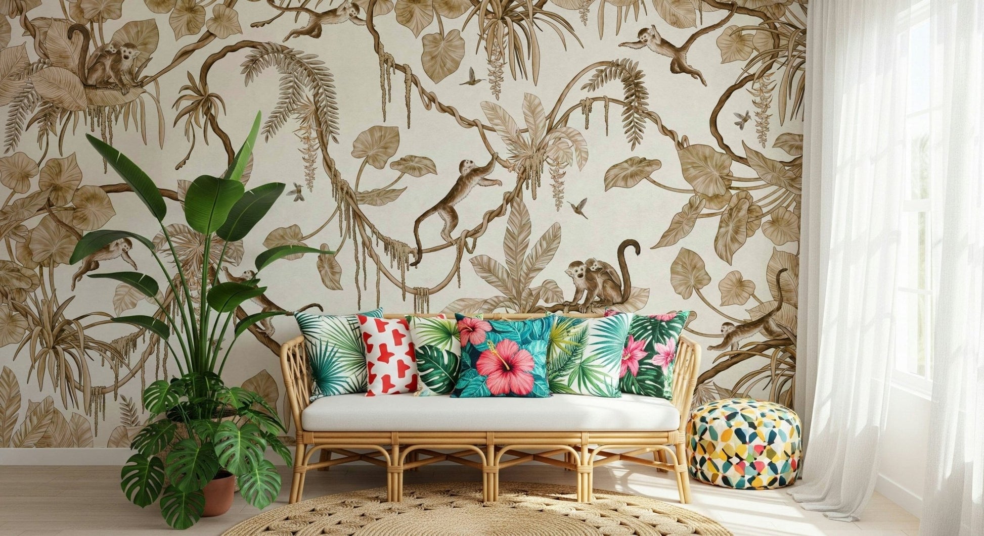 Nature-themed mural with monkeys perched on branches surrounded by greenery