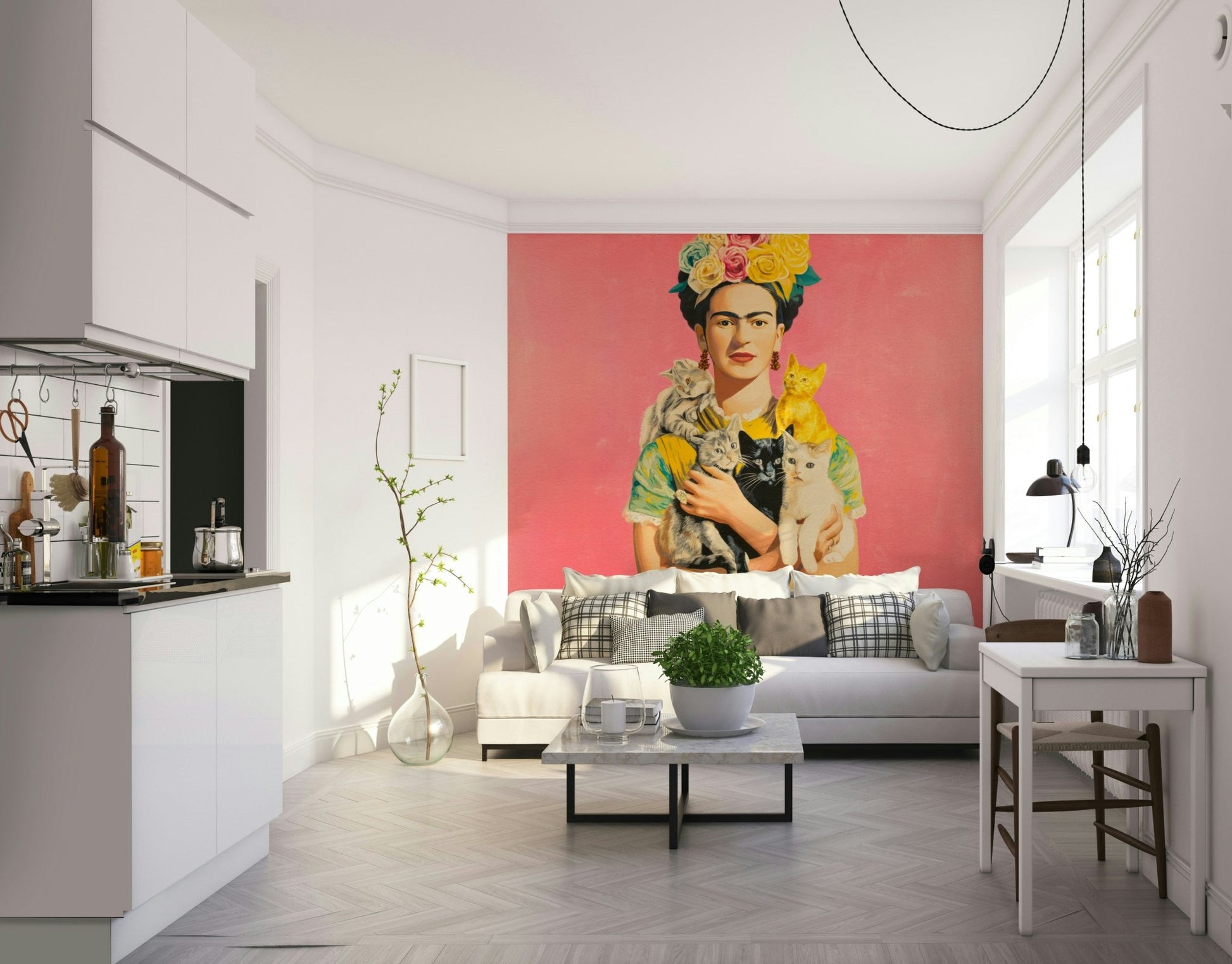Botanical Muse Wall Mural with cat companions

