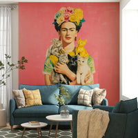 Soft neutral tones in mural of muse and feline friends

