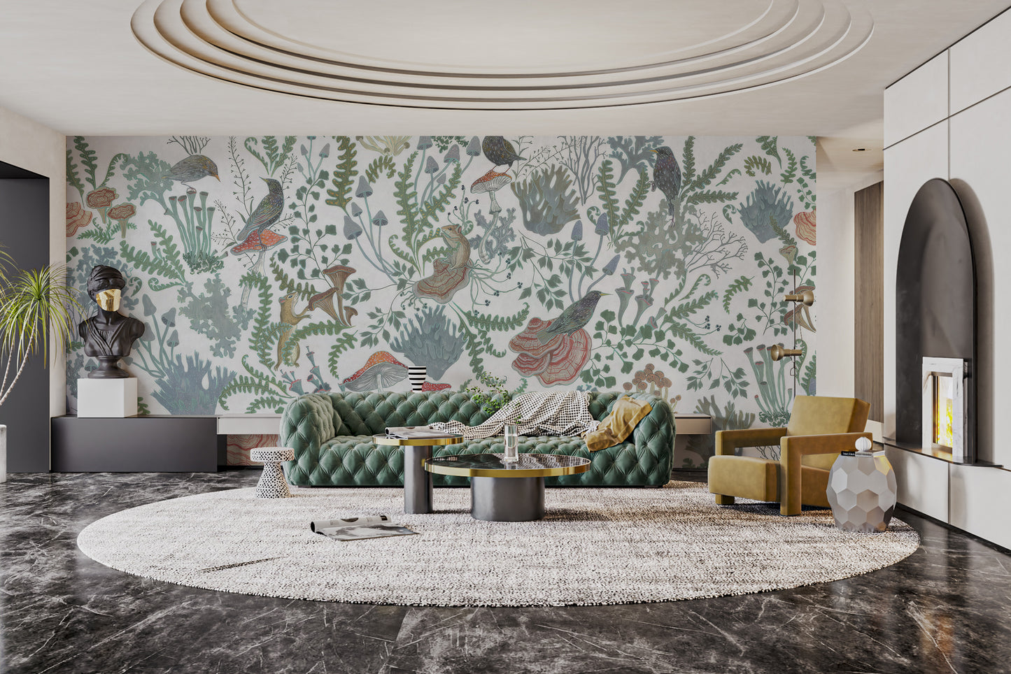 Botanical Nest Fresco wallpaper mural of ferns and mushrooms behind a green tufted sofa and mustard chair in a living room