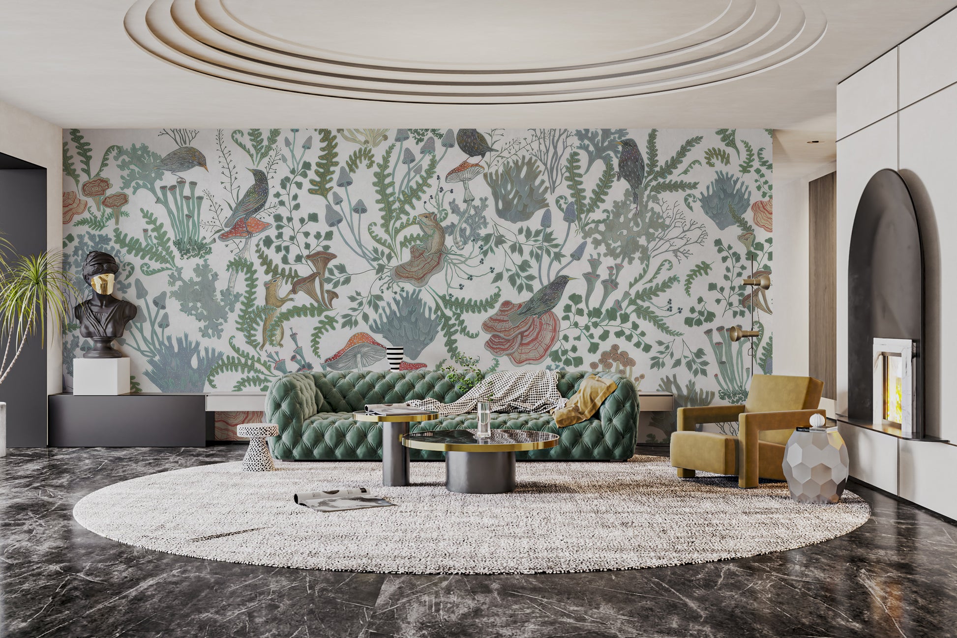 Botanical Nest Fresco wallpaper mural of ferns and mushrooms behind a green tufted sofa and mustard chair in a living room