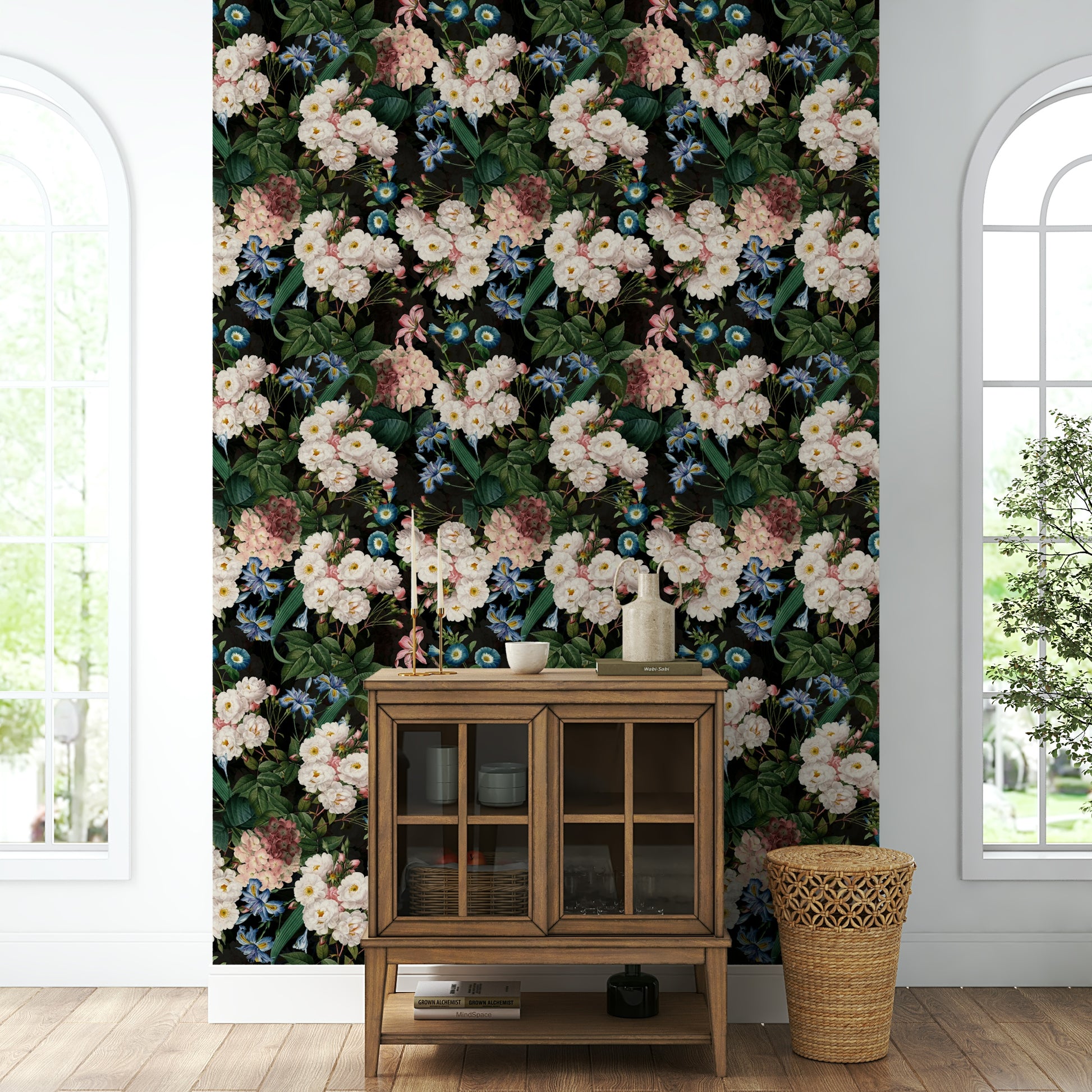 Peel and stick botanical wallpaper with moonlit garden design

