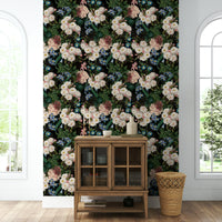 Peel and stick botanical wallpaper with moonlit garden design

