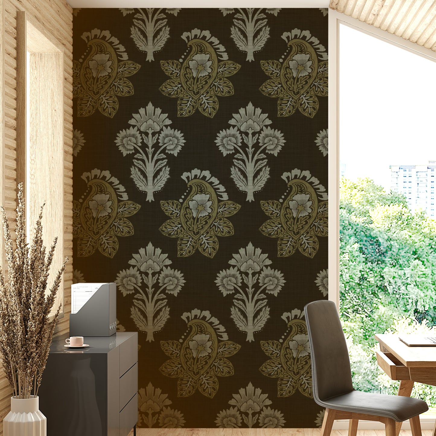 Botanical nightshade wallpaper with dark leaves

