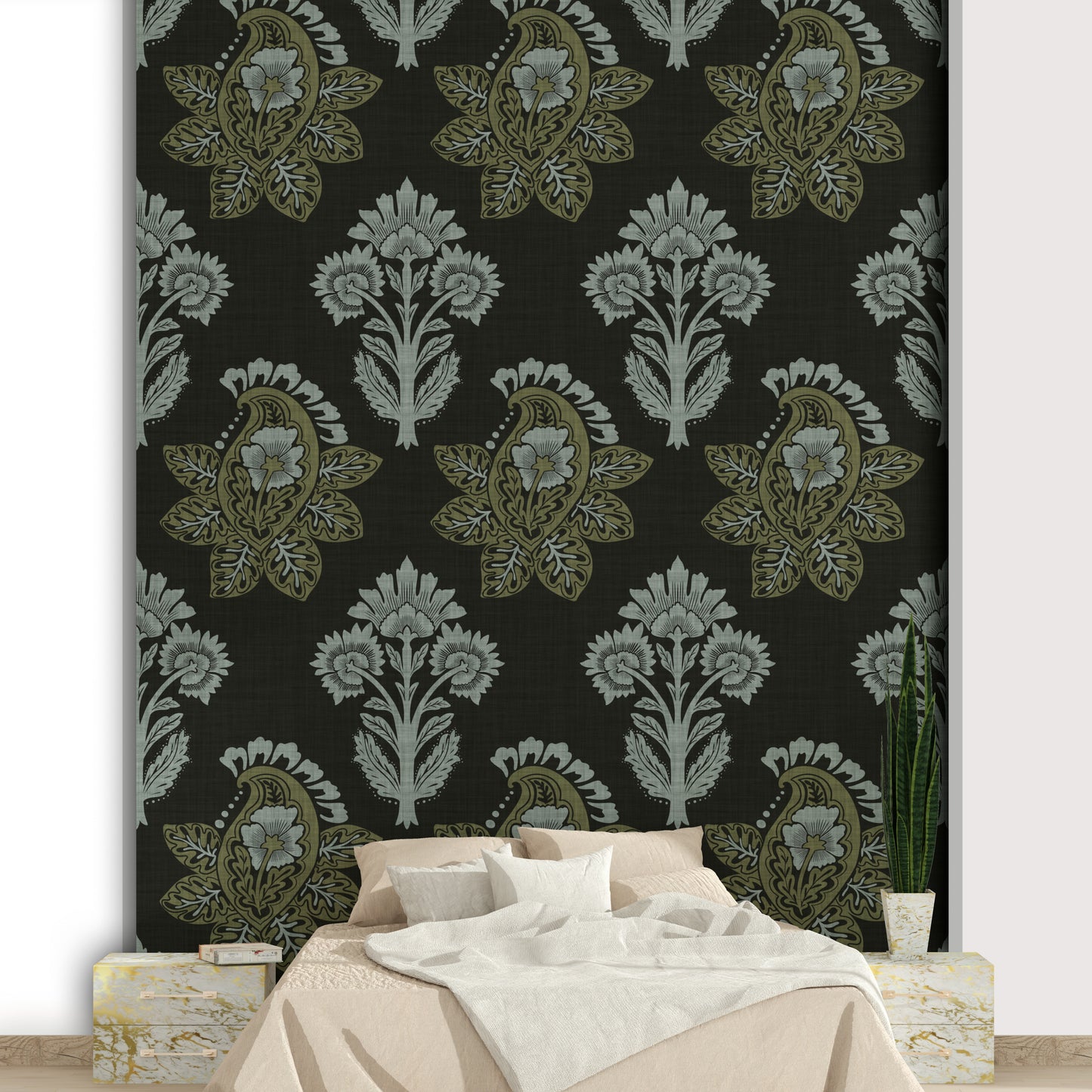 Sophisticated botanical wallpaper in shadow tones

