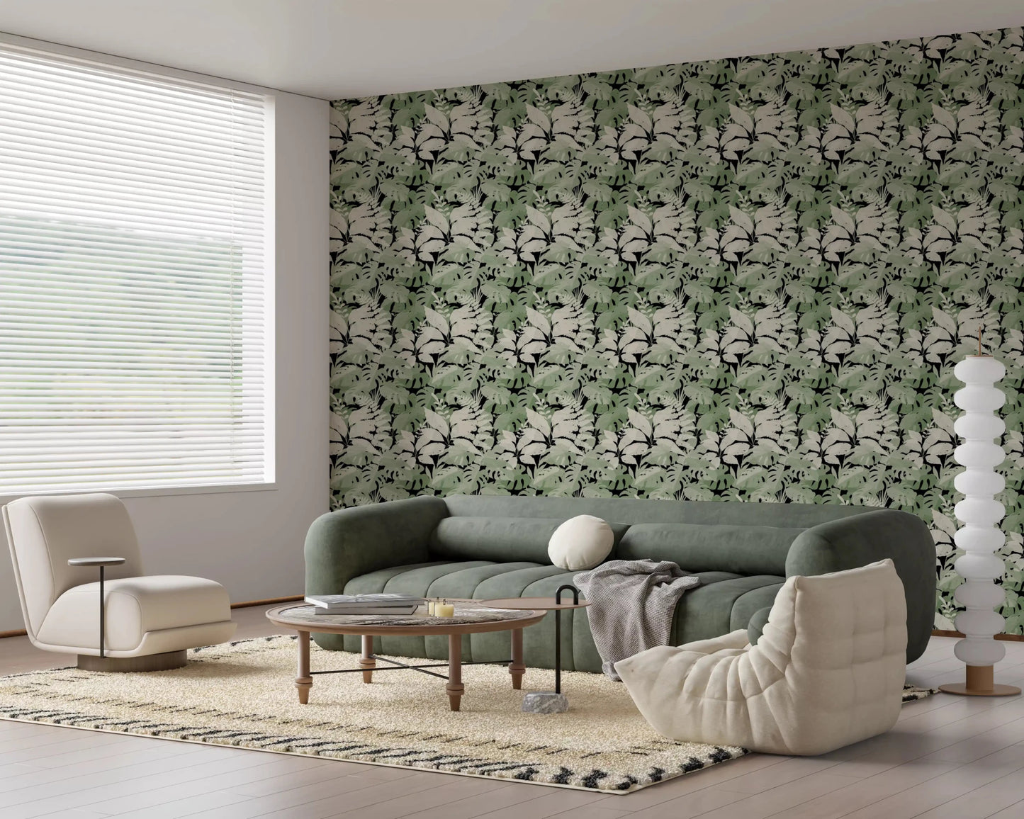Botanical canopy wallpaper with layered leaves and noir backdrop