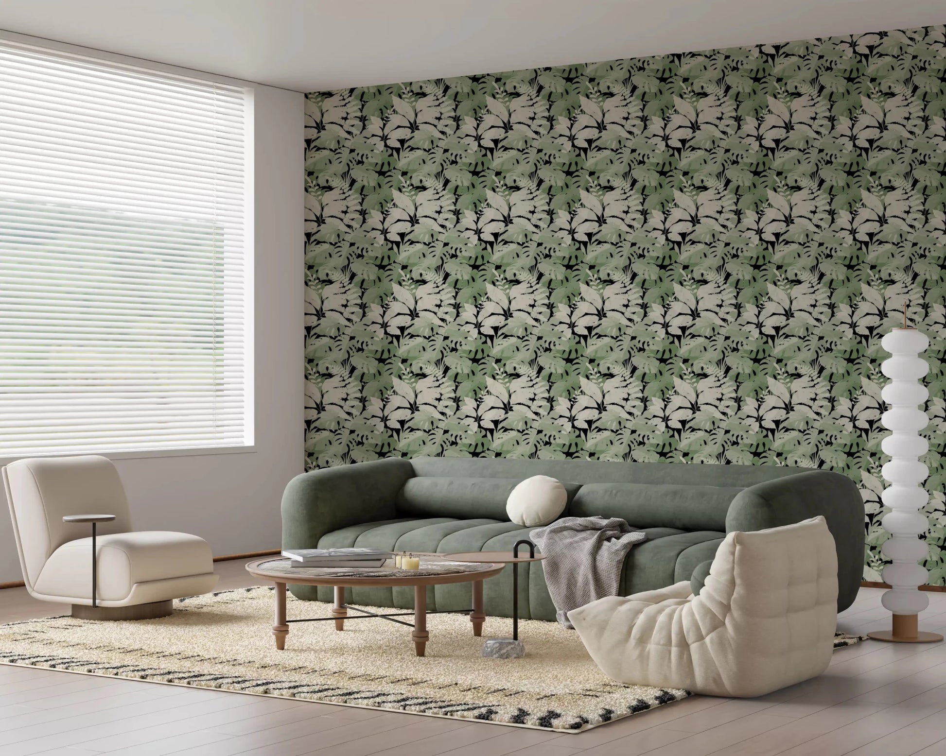 Botanical canopy wallpaper with layered leaves and noir backdrop