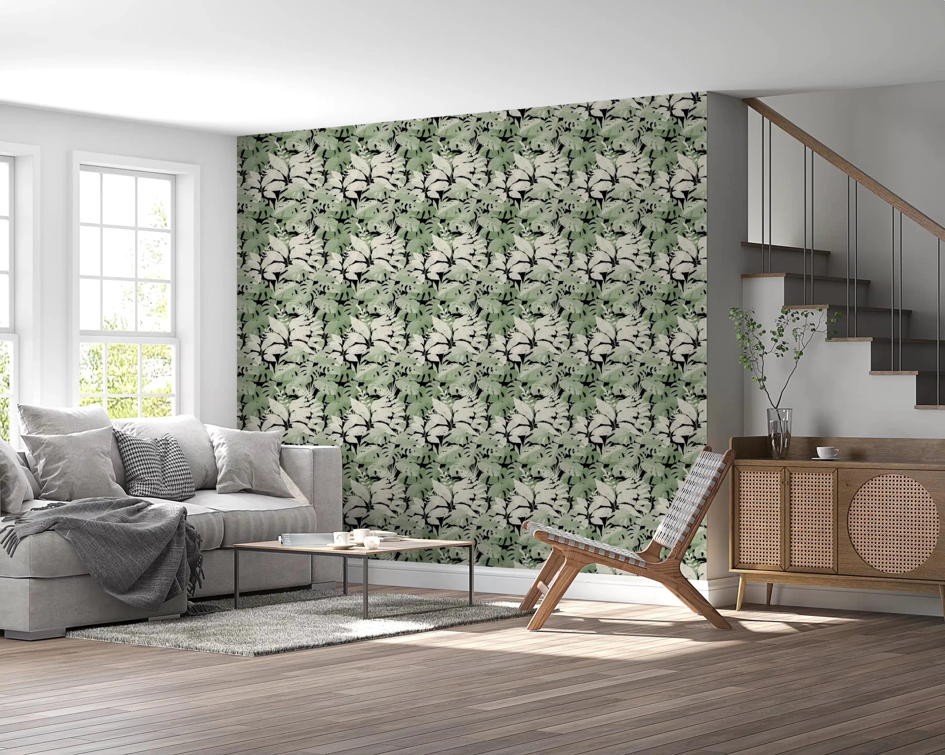 Noir canopy wallpaper for a soft hallway with layered leaf pattern