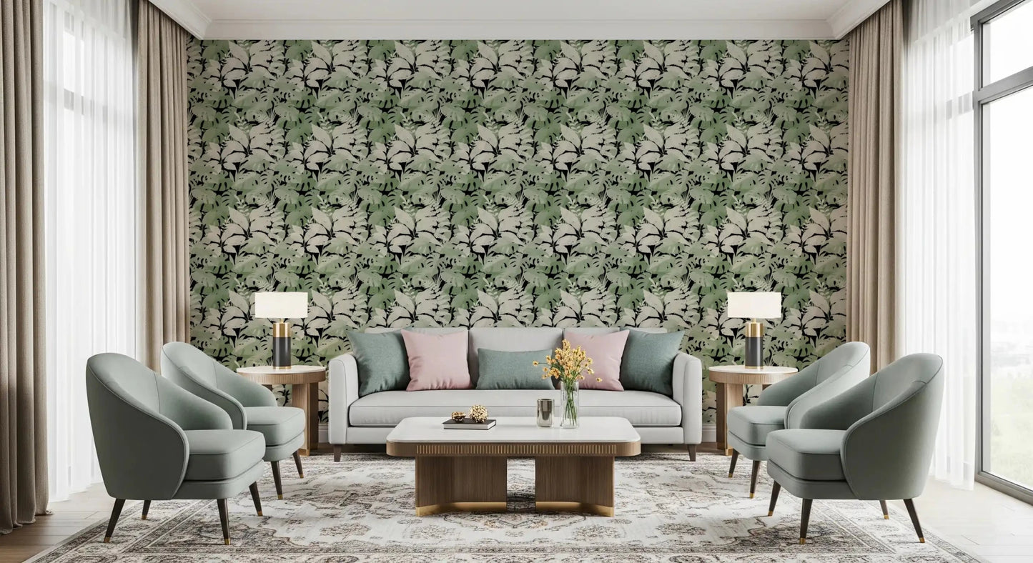 Leaf botanical pattern wallpaper in soft green, cream, and black tones