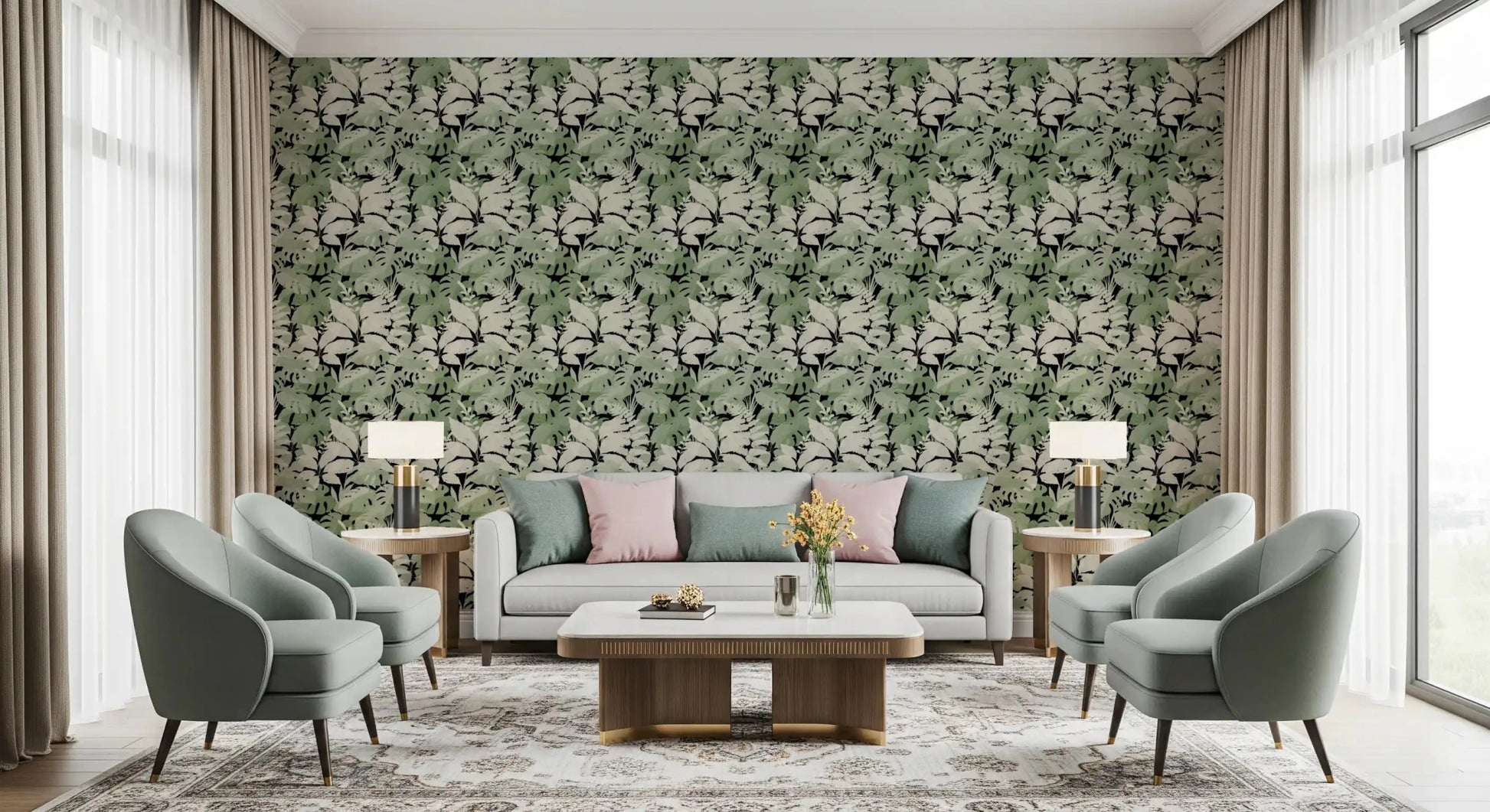 Leaf botanical pattern wallpaper in soft green, cream, and black tones