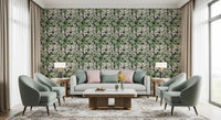 Leaf botanical pattern wallpaper in soft green, cream, and black tones