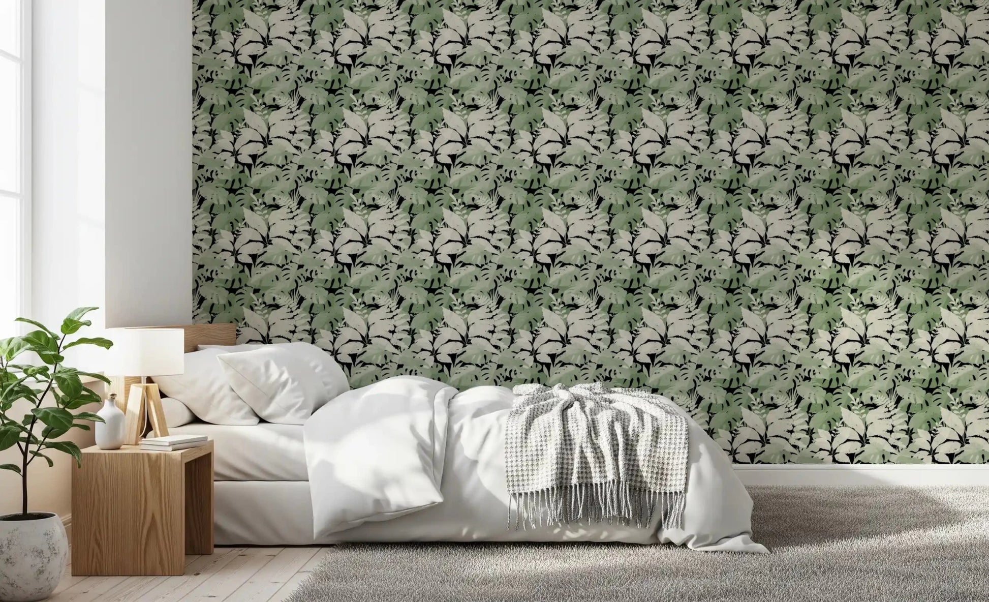 Modern botanical wallpaper with soft monstera and leafy details