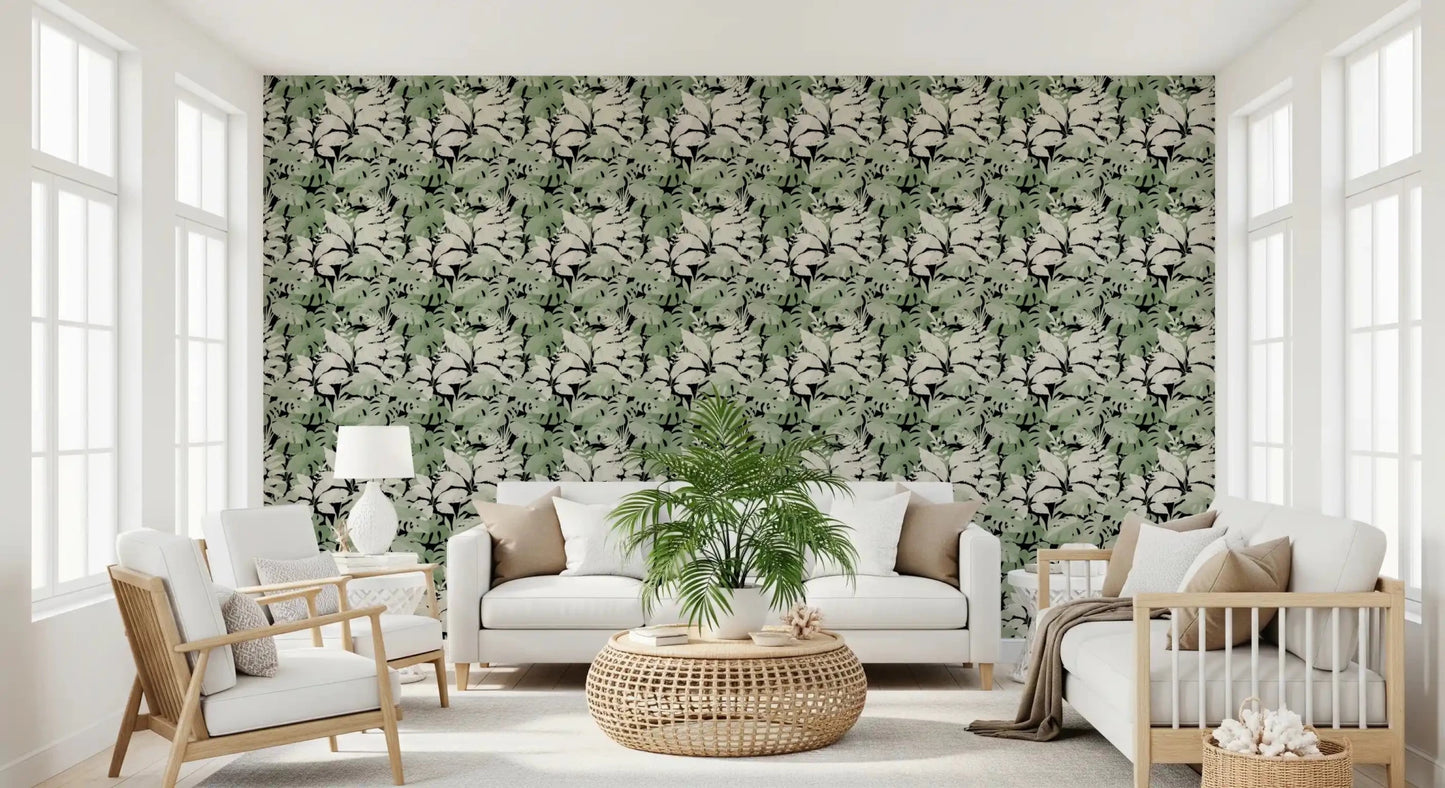 Dark foliage wallpaper with muted tropical leaves in sage tones