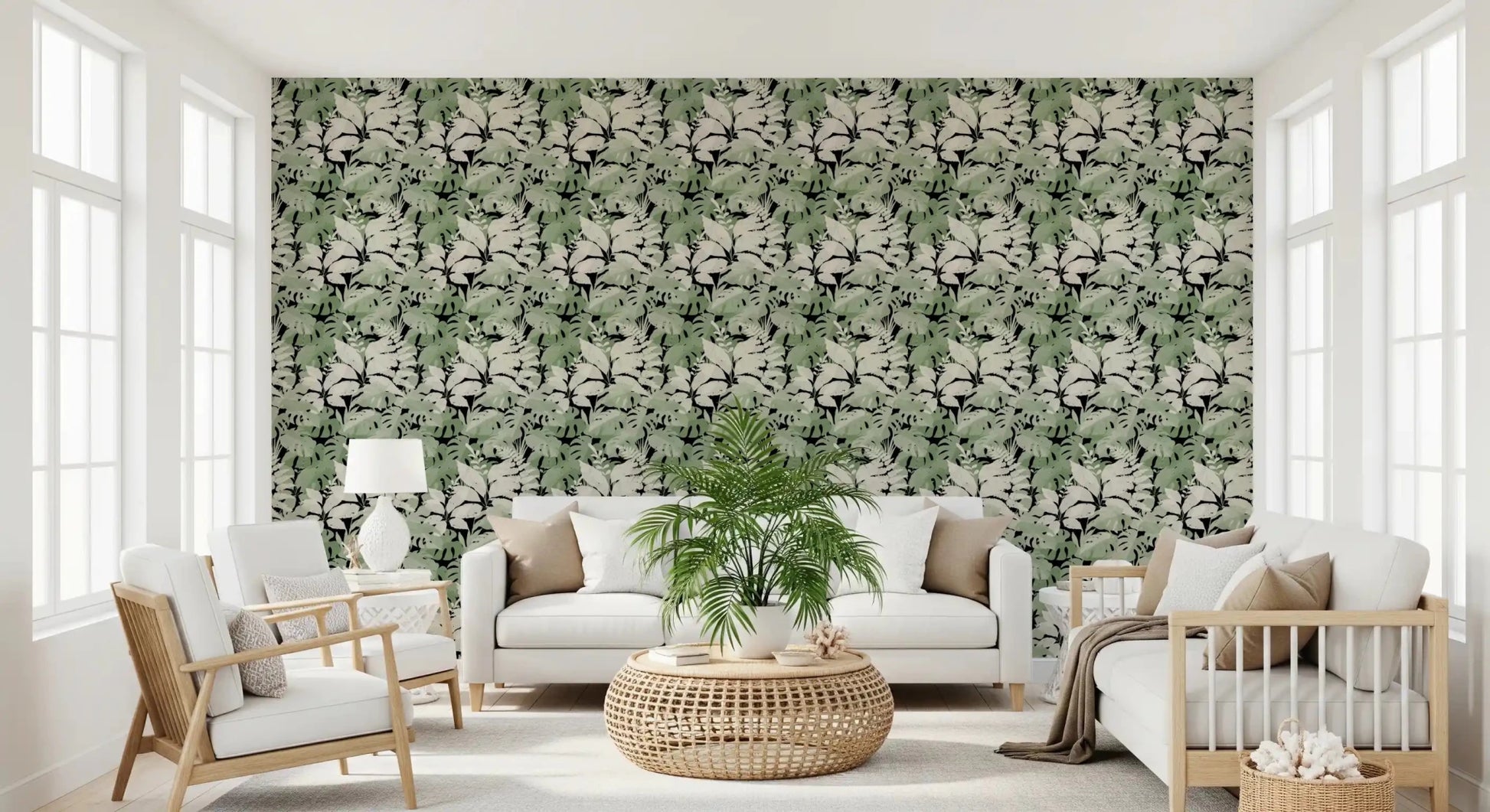 Dark foliage wallpaper with muted tropical leaves in sage tones