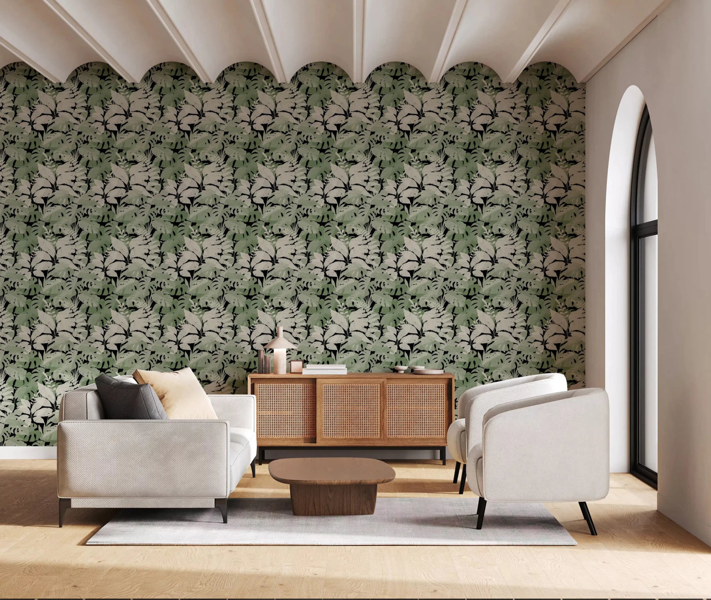 Tropical foliage wallpaper adding depth to a clean hallway wall