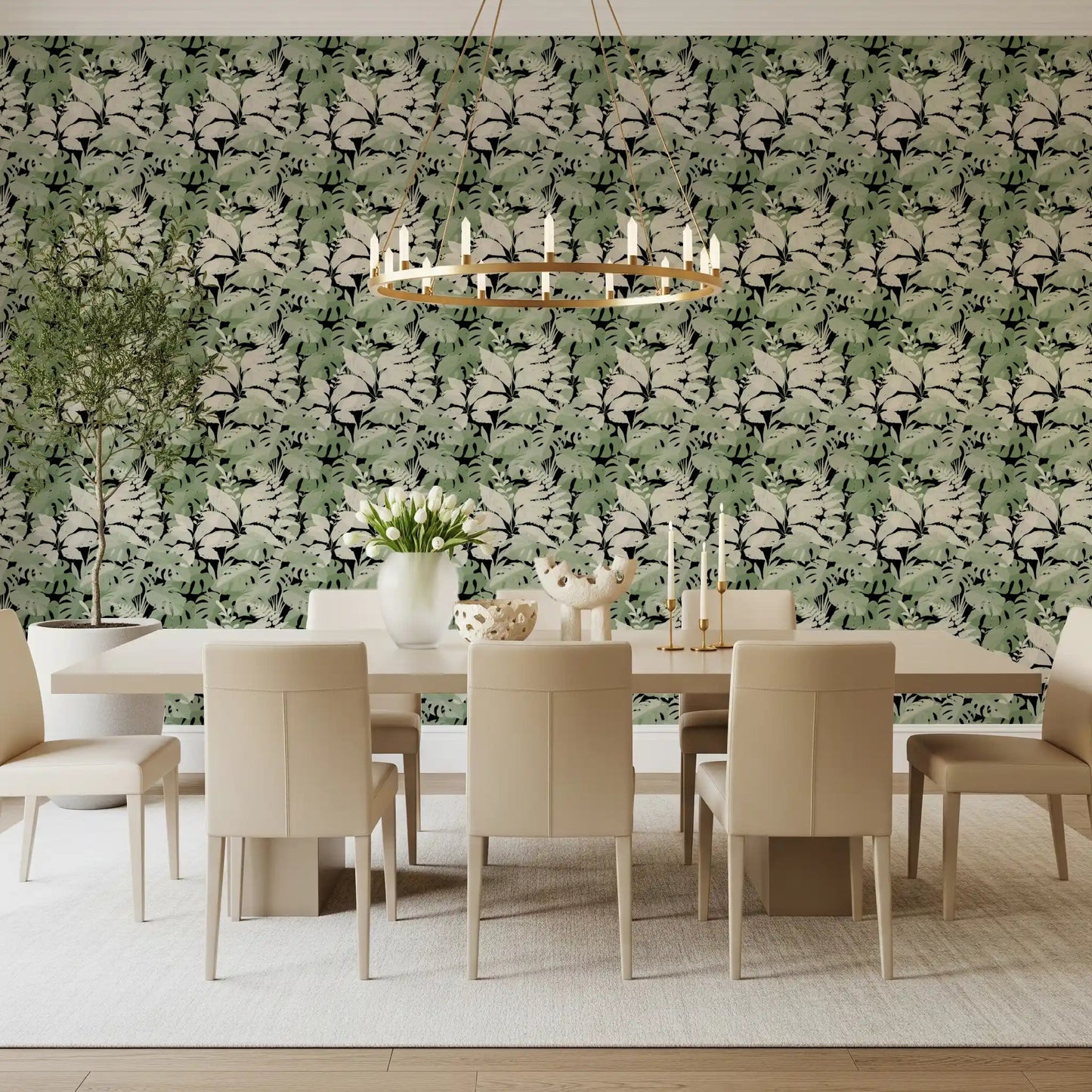 Botanical leaf wallpaper for a calm dining room with dark contrast