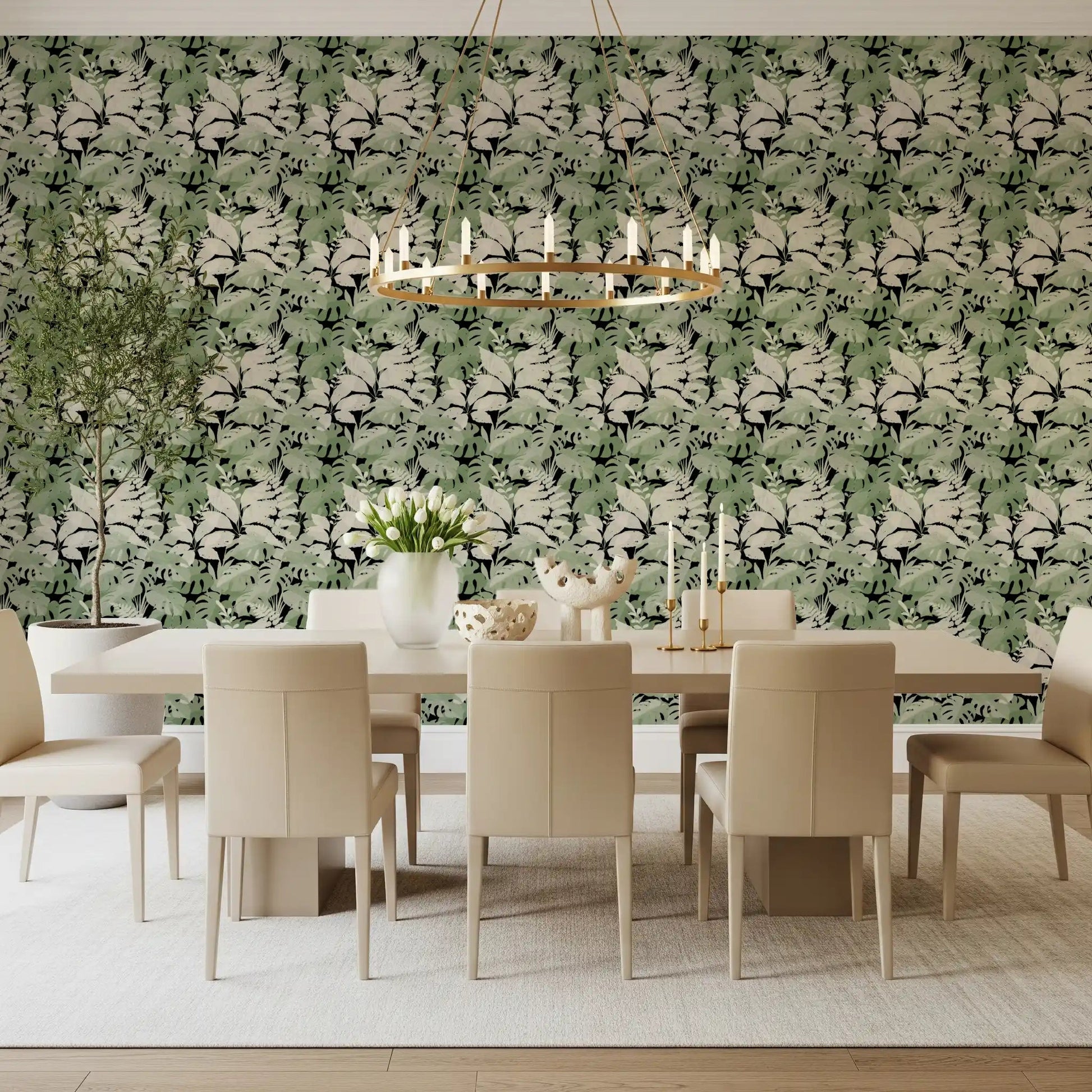 Botanical leaf wallpaper for a calm dining room with dark contrast