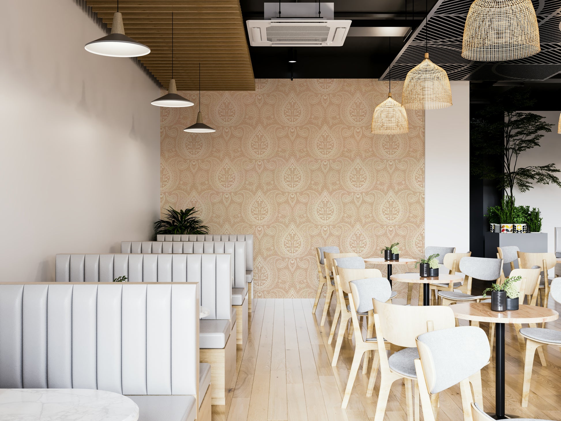 Beige wallpaper with intricate paisley foliage design

