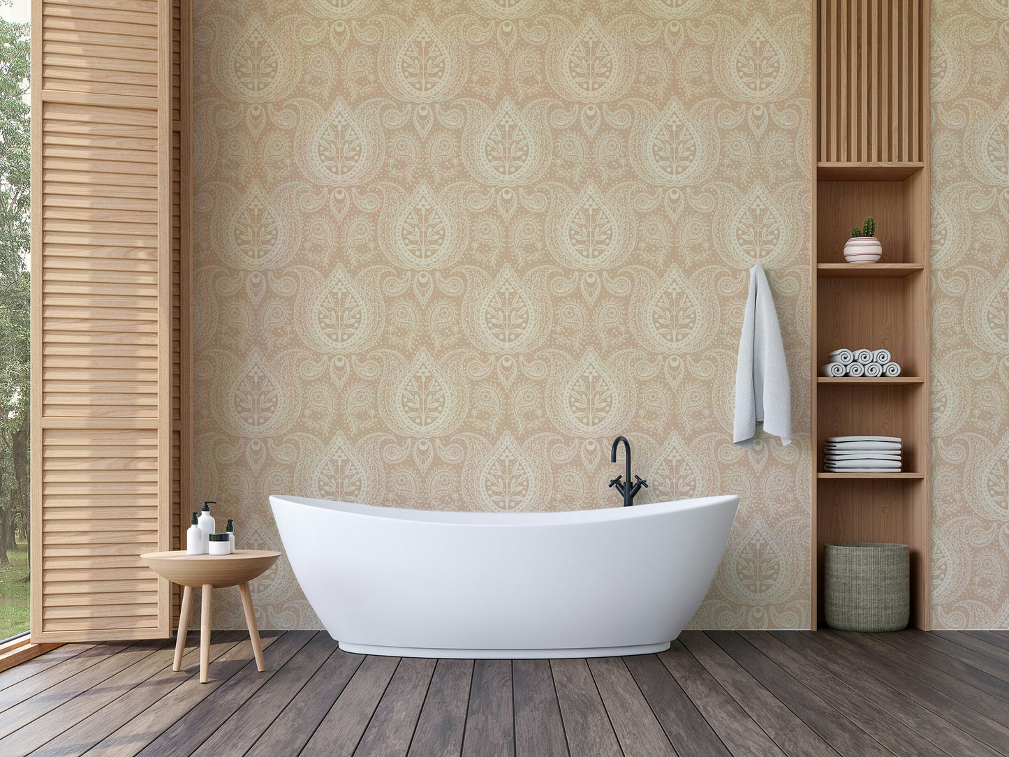 Neutral paisley wallpaper with soft beige tones

