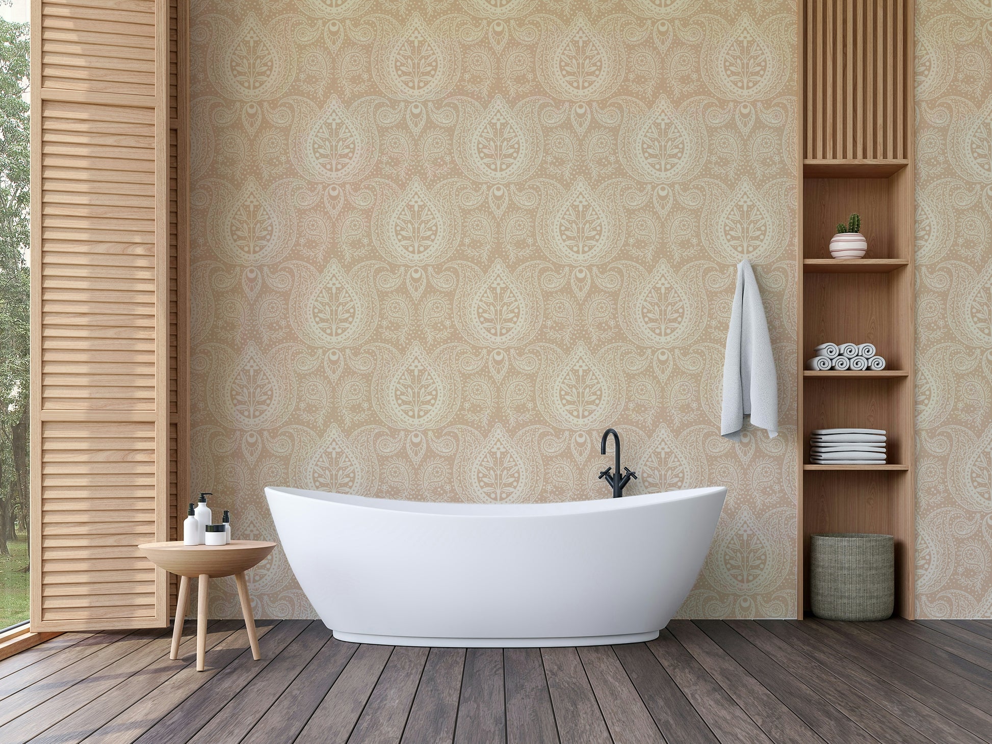 Neutral paisley wallpaper with soft beige tones

