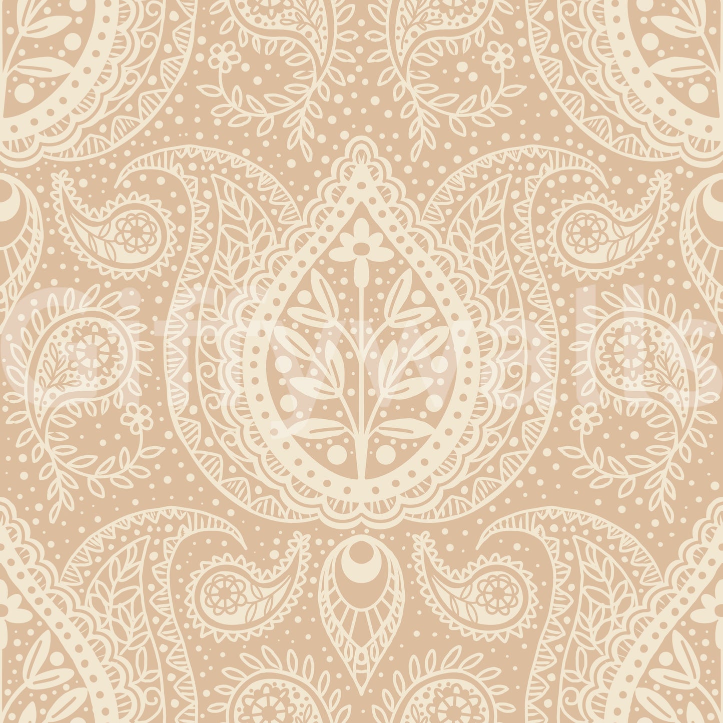 Subtle botanical paisley beige wallpaper close-up showing cream paisley and floral detail on a warm tan ground
