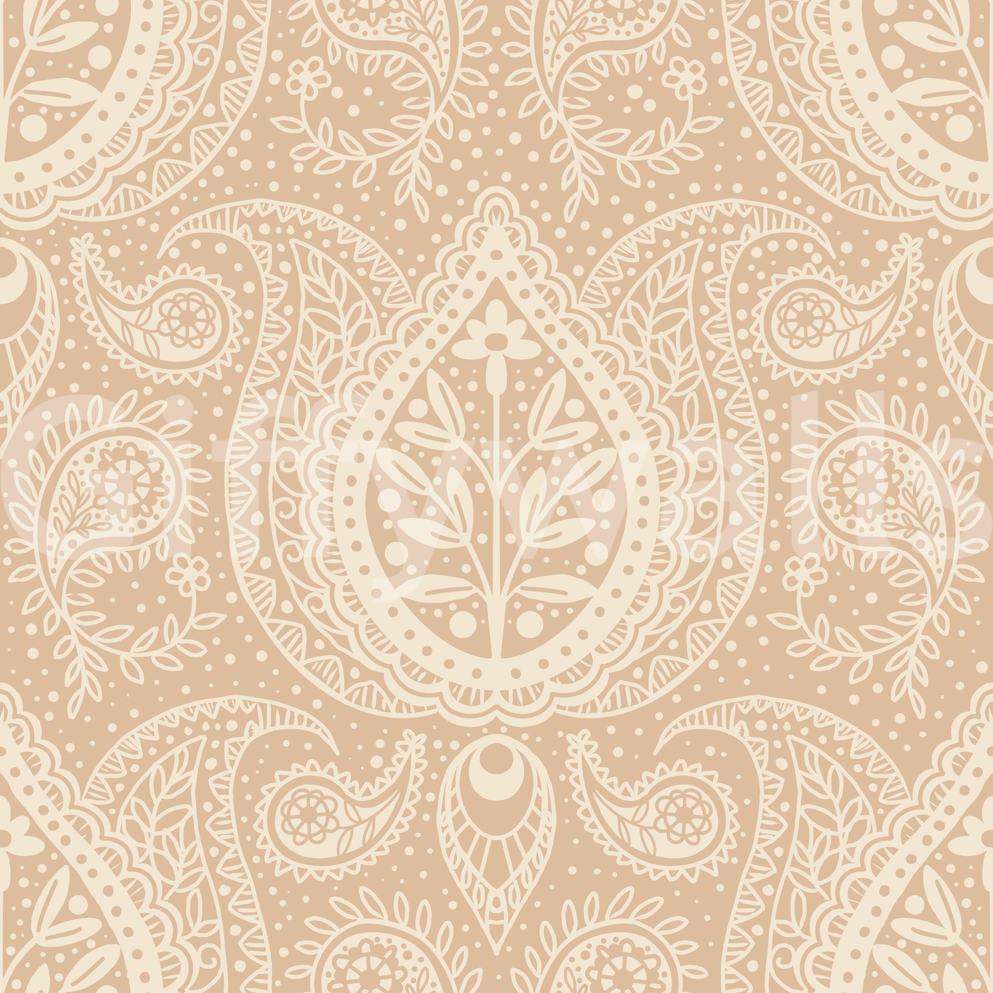 Subtle botanical paisley beige wallpaper close-up showing cream paisley and floral detail on a warm tan ground