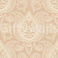 Subtle botanical paisley beige wallpaper close-up showing cream paisley and floral detail on a warm tan ground