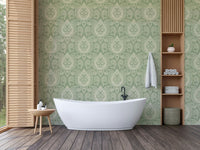 Serene green wallpaper with botanical paisleys

